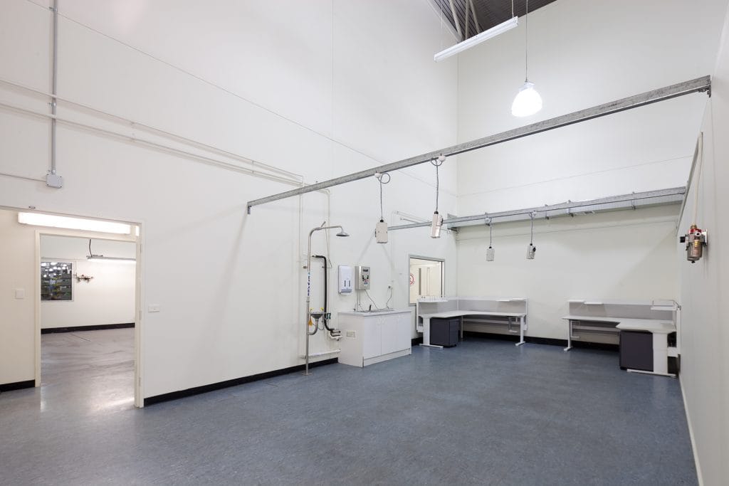 Kitchen area with shower, hot water service and power outlets